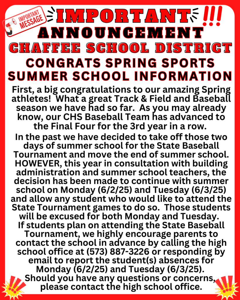 Summer School Information during State Baseball Tournament 2025